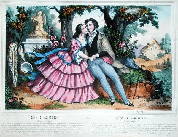 De fire kærligheder, ægteskabelig kærlighed (farve litho) af Napoleon (after) Thomas