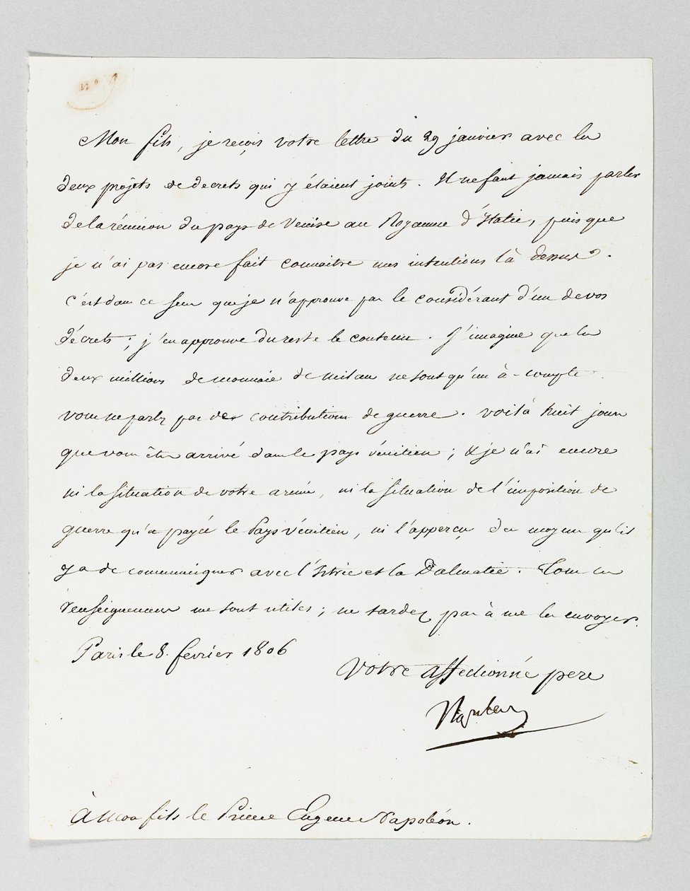 Underskrevet brev fra Napoleon til sin stedsøn, prins Eugène de Beauharnais Napoleon af Napoleon Bonaparte