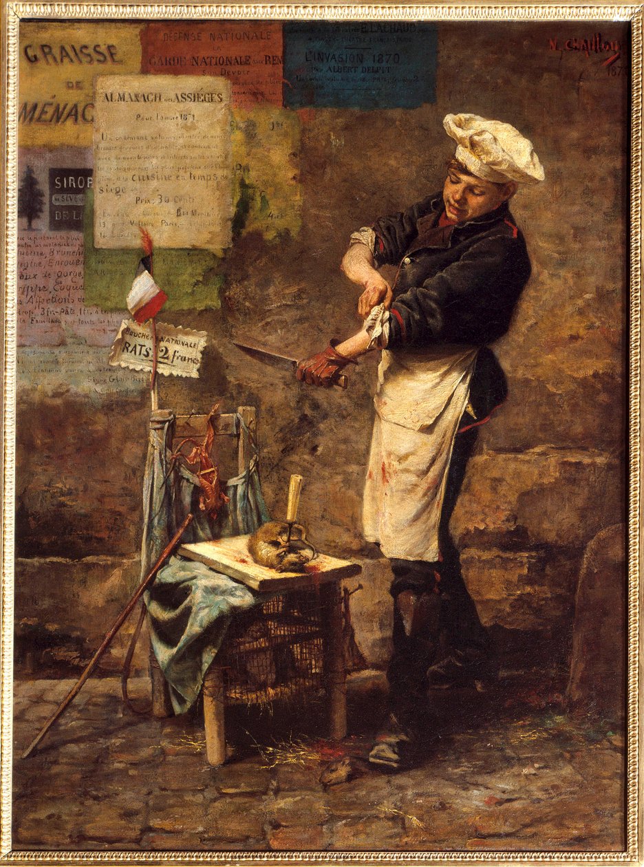 Rottesælgeren under belejringen i Paris i 1870 (h s/t 0,64 x 0,47) maleri af Narcisse Chaillou fra 1870 (1835-1916) (rottesælger under belejringen af Paris af Narcisse Chaillou