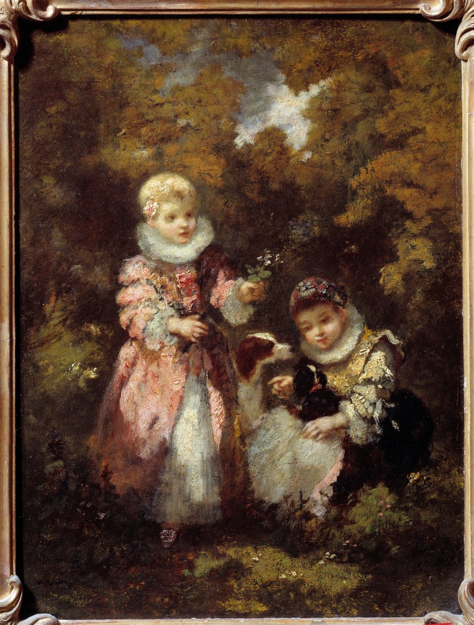 Børn og hunde Maleri af Narcissus Diaz de la Pena (1807-1876) (ec. de Barbizon) Søn. 0,32x0,24 m af Narcisse Virgile Diaz de la Peña