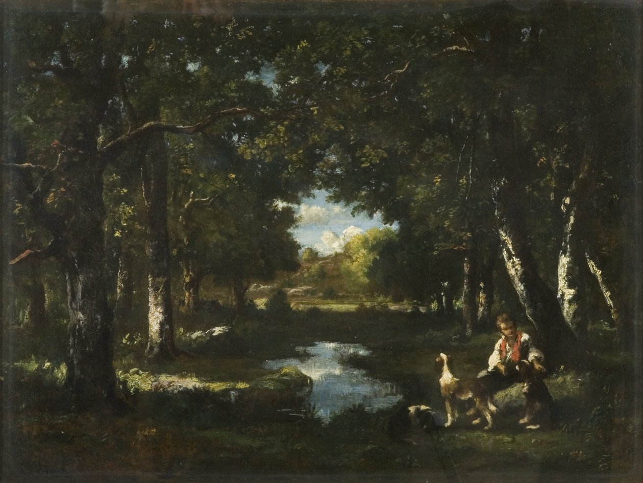 Mand og hund hviler i Forest Glade (olie på lærred) af Narcisse Virgile Diaz de la Peña