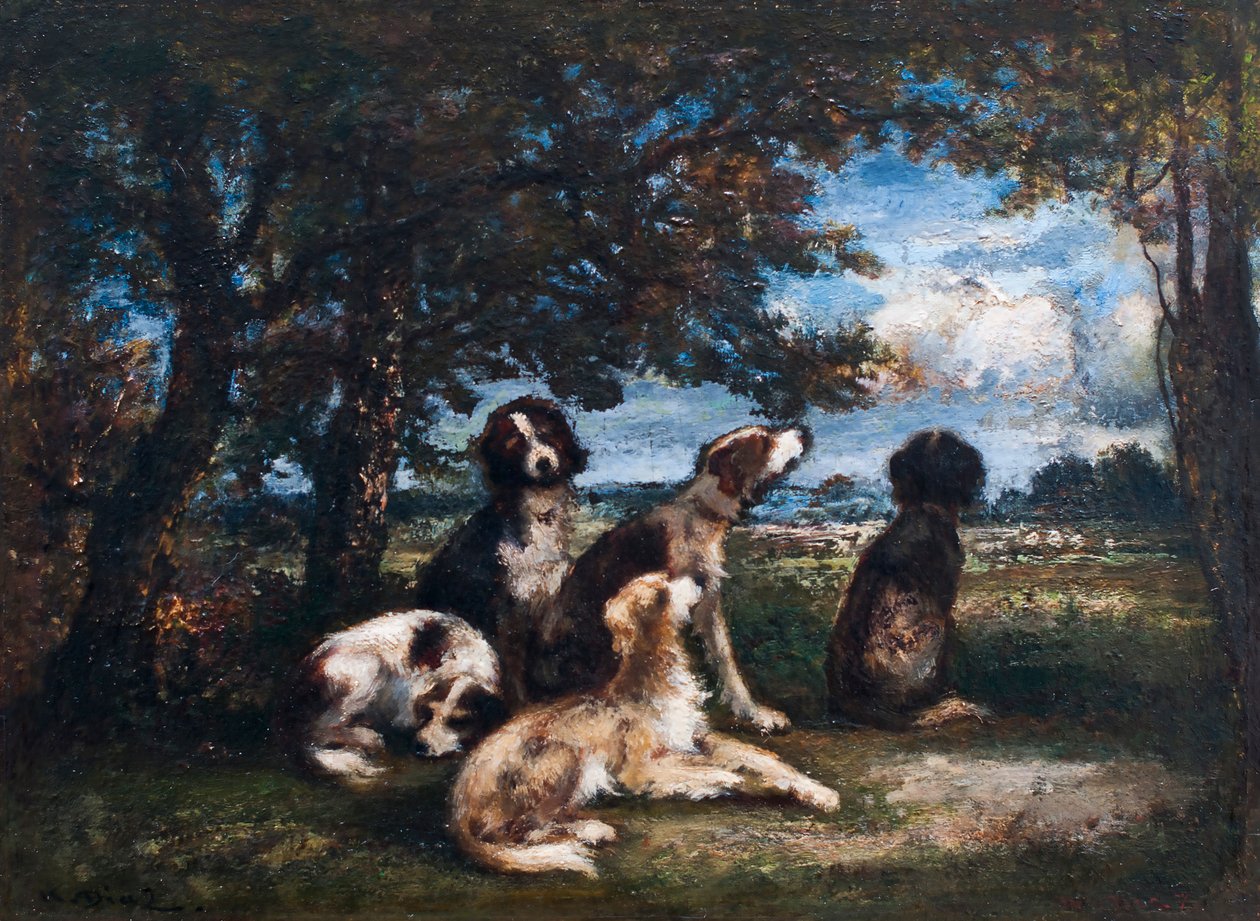 Hunde i Fontainebleau-skoven (olie på plade) af Narcisse Virgilio Diaz de la Peña