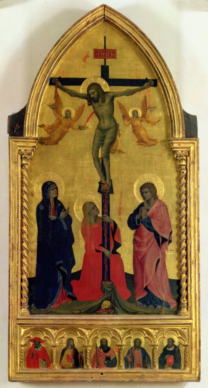 Korsfæstelsen med de sørgende og Maria Magdalene, predella-panelet med SS. Hieronymus, Paulus, Jakob, Peter og en ukendt helgen (tempera på panel) af Nardo di Cione Orcagna