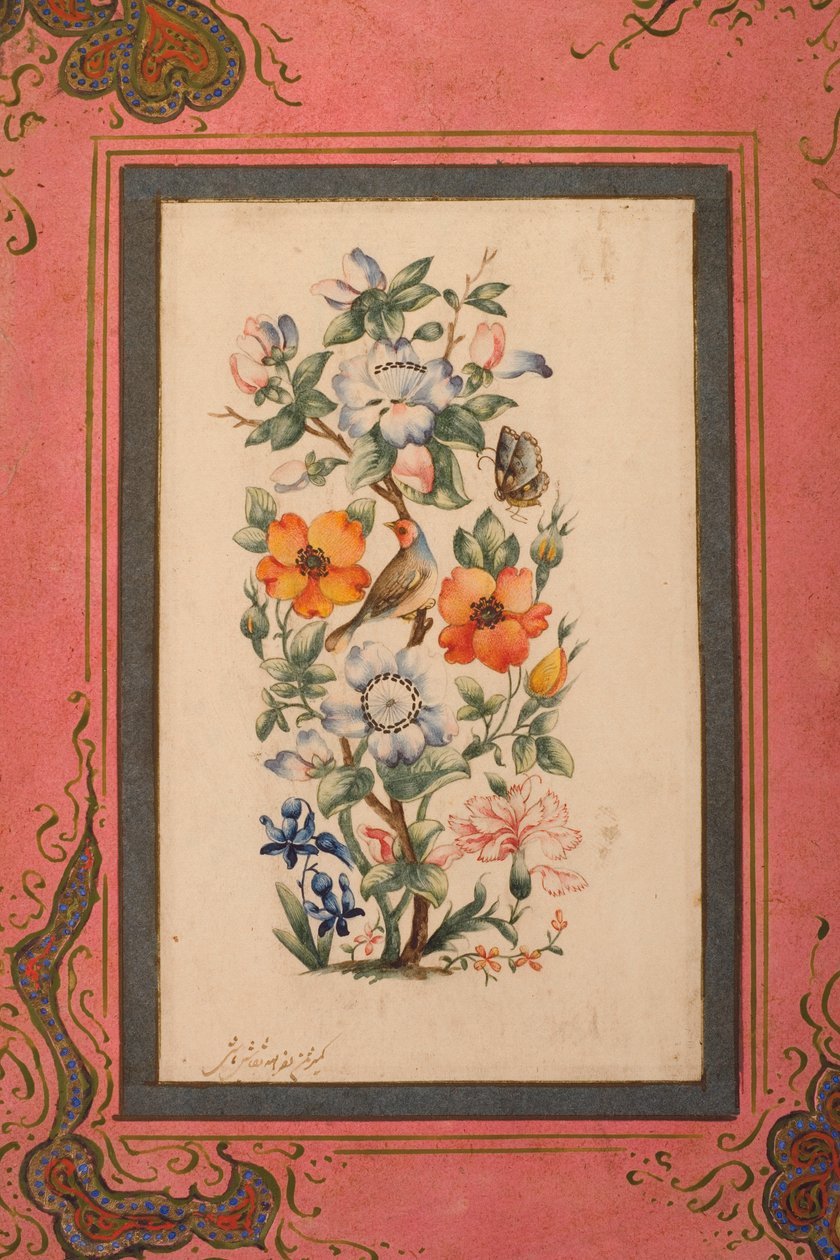 En stilk af blomster med en fugl og en sommerfugl (ugennemsigtig wc på papir) af Nasr Allah al Husayni al Imami