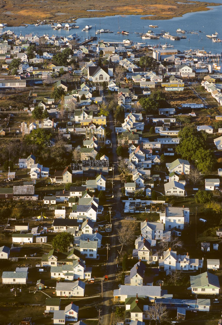 Luftfoto af husene langs King Street, som er bebyggelsens rygrad på Tangier Island... af Nathan Benn