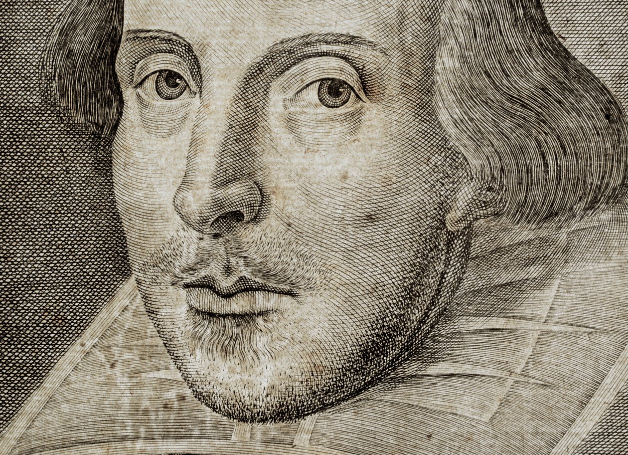 Detalje af portræt af William Shakespeare på frontispice af Comedies, histories,  t... af Nathan Benn