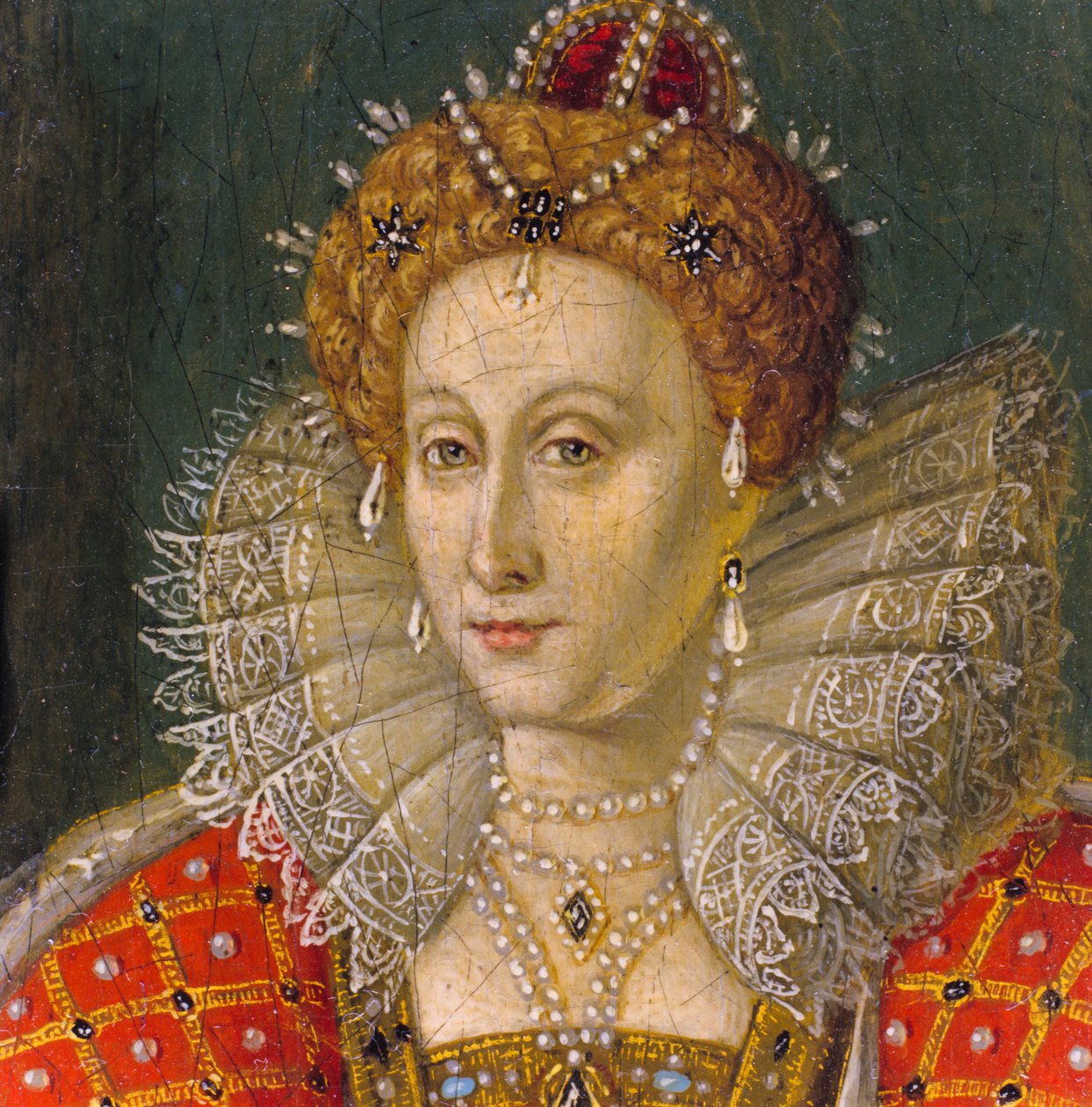 Detalje af miniature-olieportræt af dronning Elizabeth I af Nathan Benn