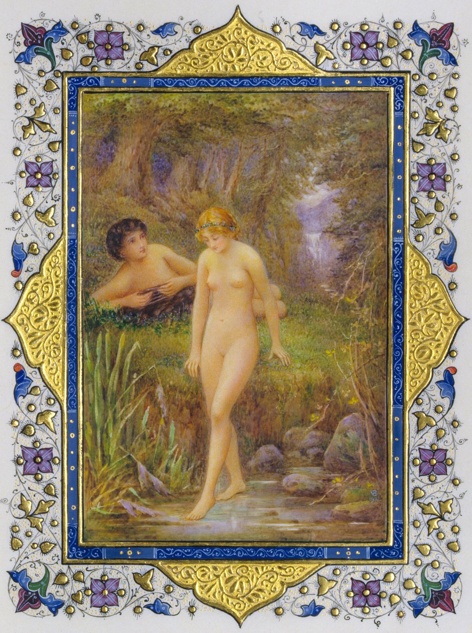Illumineret side fra en bog med Shakespeare-sonetter med nøgen kvinde i pastoral fanta... af Nathan Benn