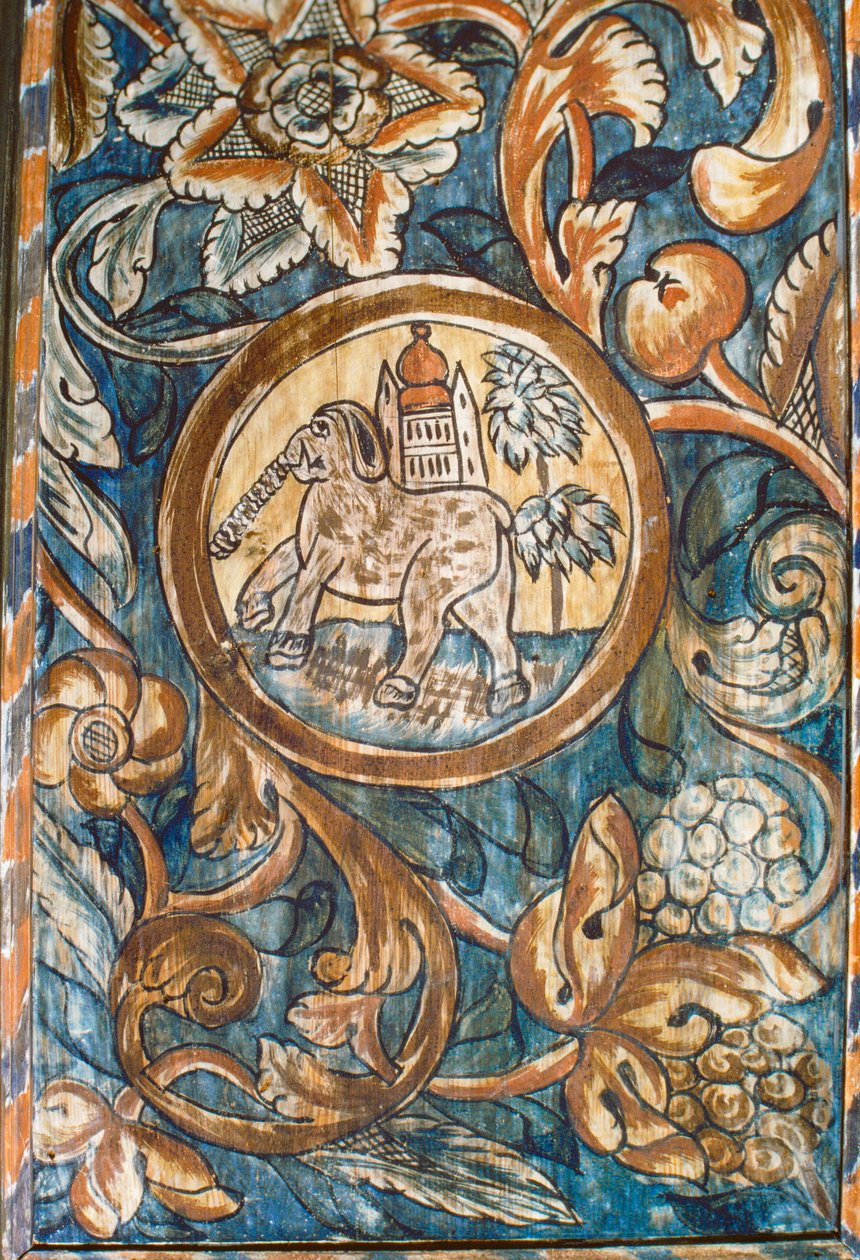 Maleri af en elefant, der bærer et tempel i en synagoge på landet fra det 18. århundrede,... af Nathan Benn