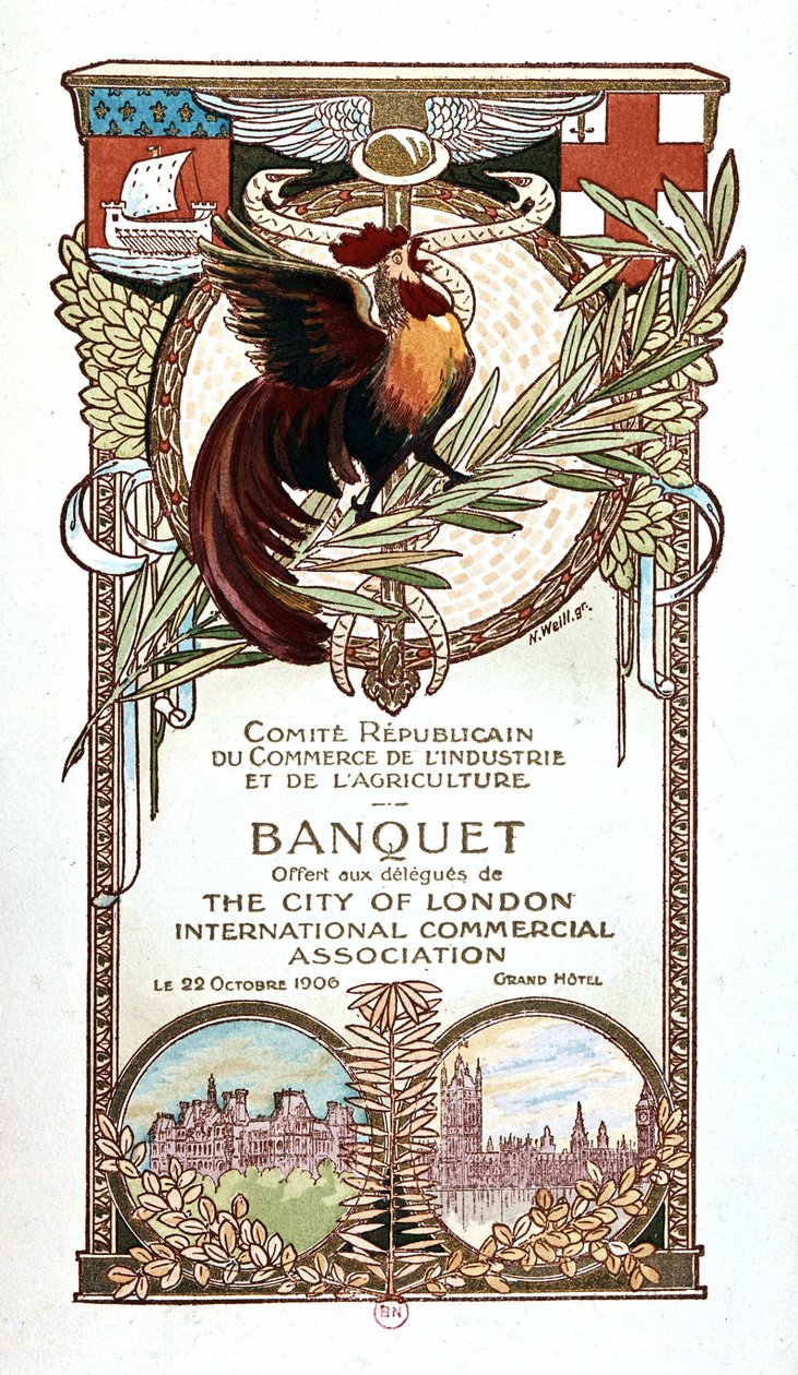 Hane og monumenter, banketmenu for den republikanske komité for handel, industri og landbrug tilbudt 22.11.1906 til delegerede fra City of Londons internationale kommercielle sammenslutning af Nathan Weill