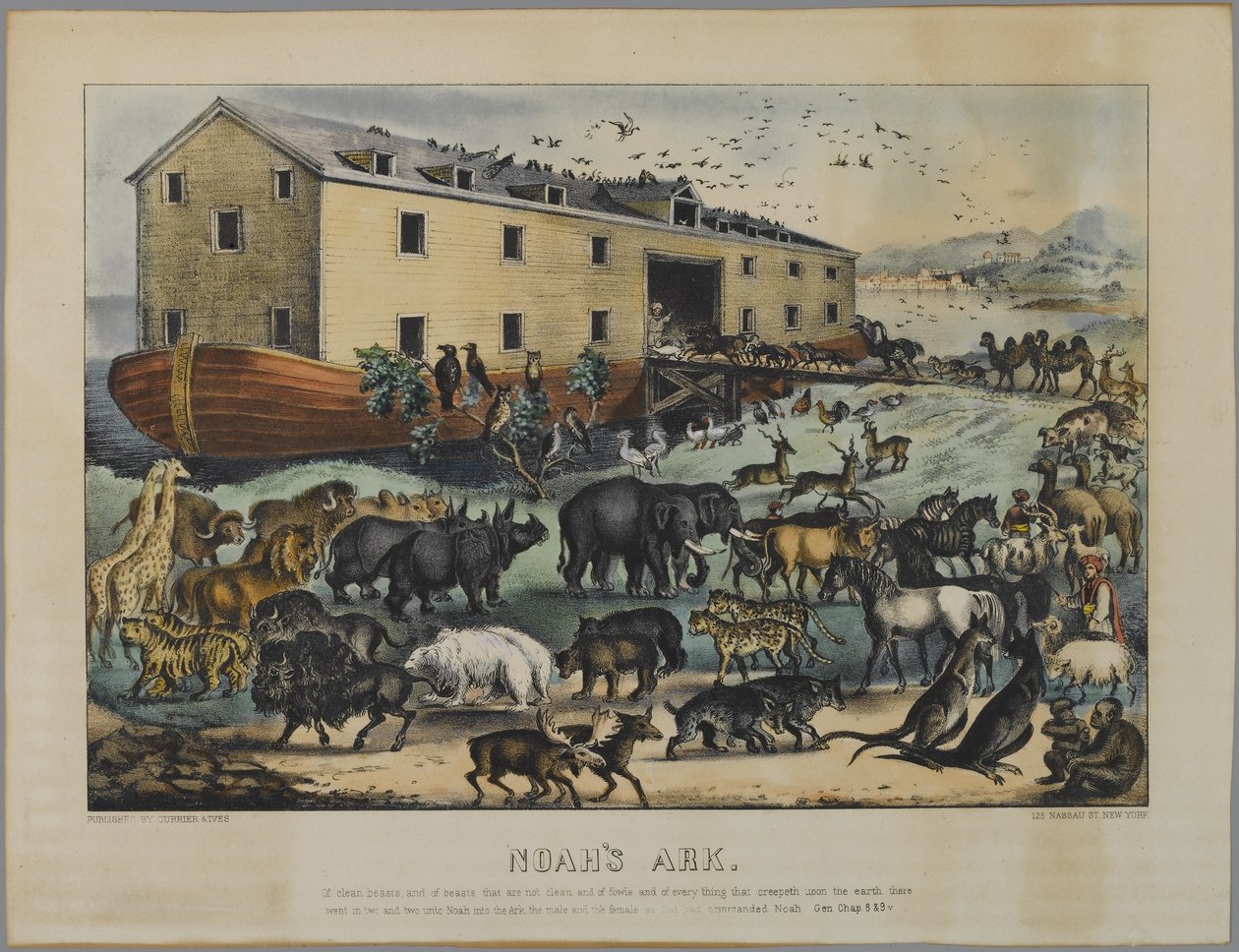 Noahs Ark (håndfarvet litho) af Nathaniel Currier