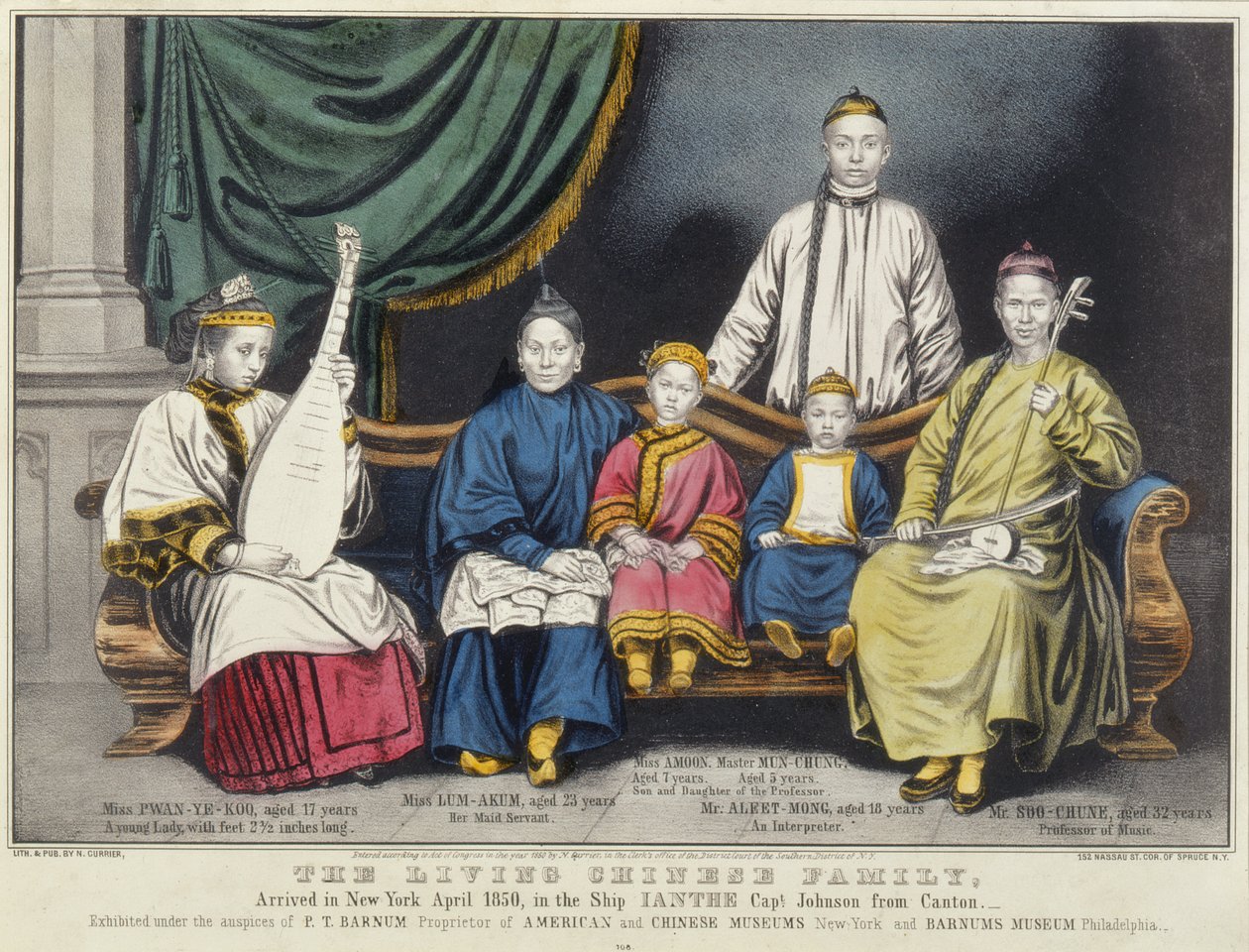 Plakat med reklame for The Living Chinese Family, 1850 af Nathaniel Currier