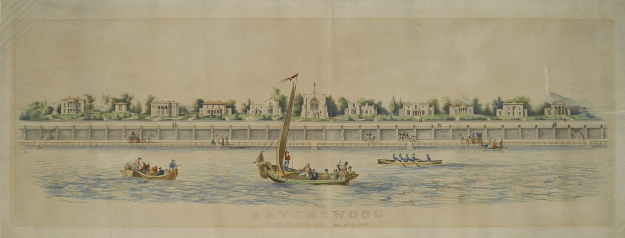 Ravenswood, Long Island, nær Hallets Cove (håndfarvet litho) af Nathaniel Currier