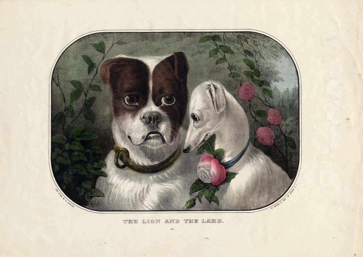 Løven og lammet, udgivet af N. Currier, New York, ca.1838-56 af Nathaniel Currier