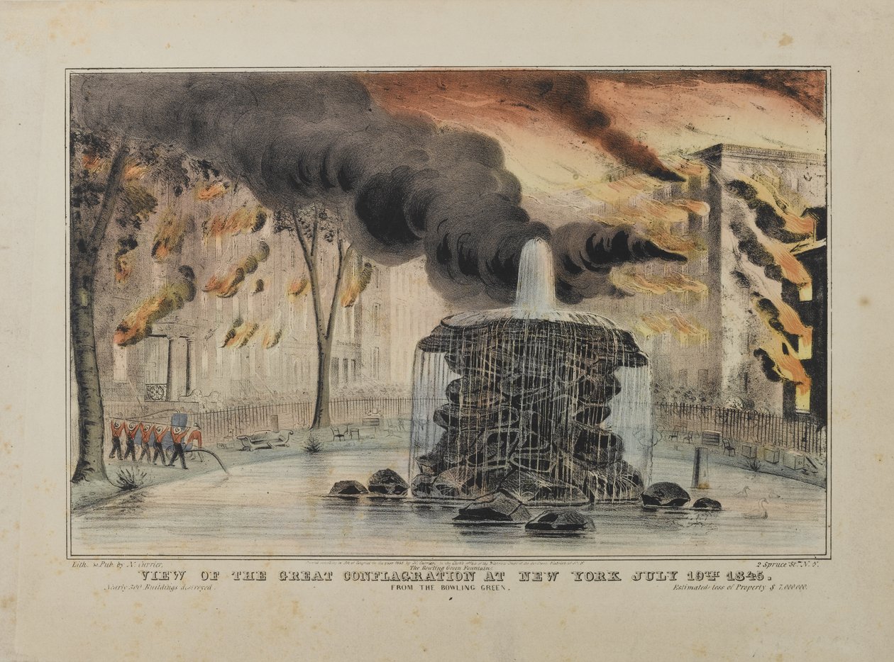 Udsigt over den store brand i New York den 10. juli 1845 fra Bowling Green, udgivet af N. Currier, 1845 af Nathaniel Currier