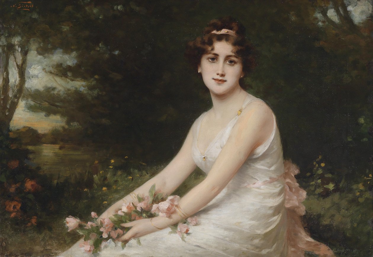 Ung dame med roser på søbredden af Nathaniel Sichel
