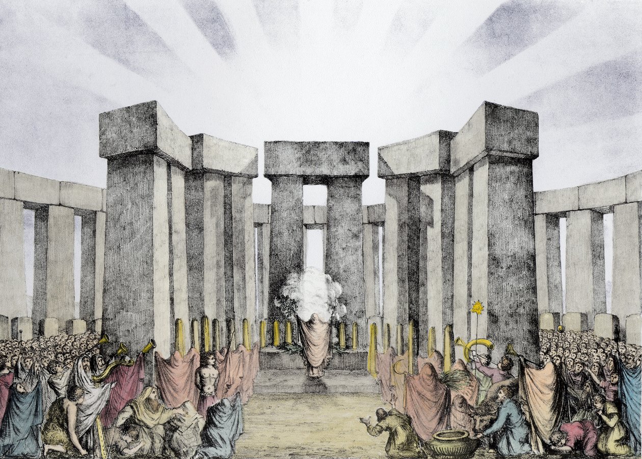 Druider, der ofrer til solen i deres tempel kaldet Stonehenge, fra en plan af Stonehenge af Dr. Stukeley i Ashmolean Museum, Oxford, indgraveret og pub. af kunstneren (senere farvelægning af Nathaniel Whittock