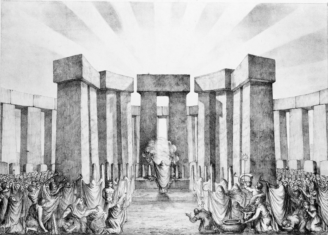 Druiderne ofrer til solen i deres tempel kaldet Stonehenge, fra en plan af Stonehenge af Dr. Stukeley i Ashmolean Museum, Oxford, graveret og udgivet af kunstneren. af Nathaniel Whittock