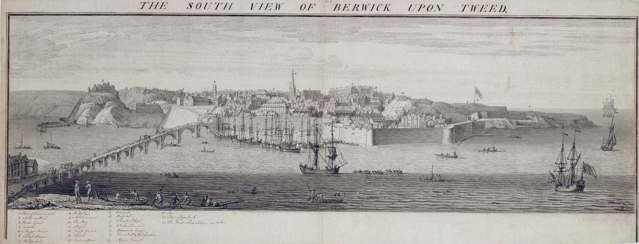 Den sydlige udsigt over Berwick Upon Tweed, ca.1743-45 (pen og blæk og vask på papir) af Nathaniel and Samuel Buck