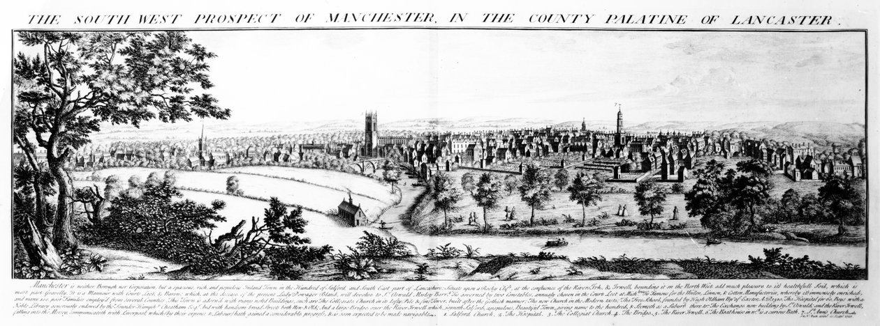 The South West Prospect of Manchester på County Palatine of Lancaster, 1728 af Nathaniel and Samuel Buck