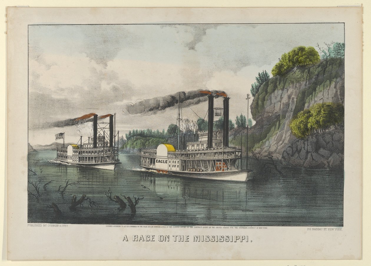 A Race on the Mississippi, 1870., 1870. Skabere: Nathaniel Currier, James Merritt Ives, Currier og Ives. af Currier and Ives