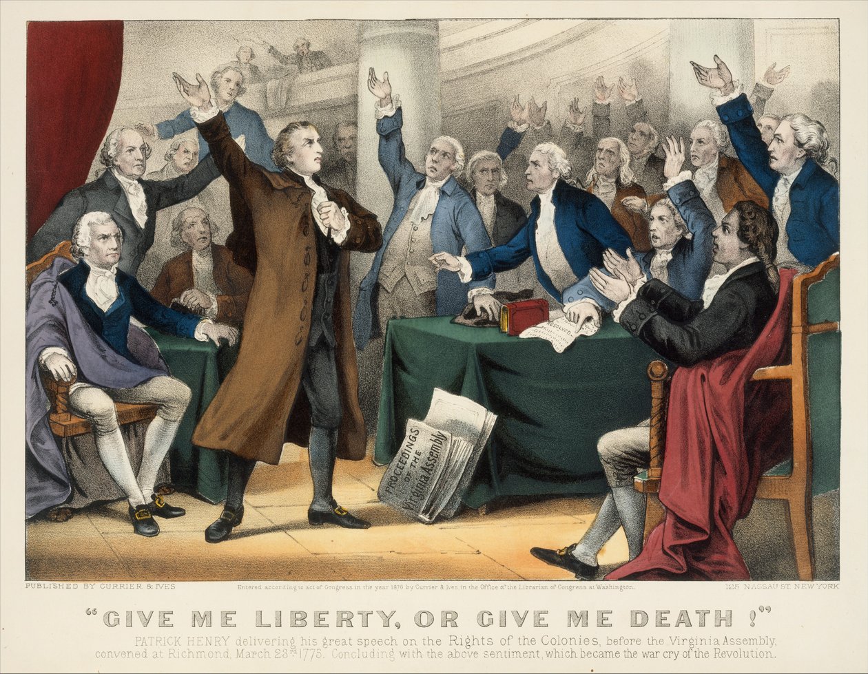 Give Me Liberty or Give Me Death!-Patrick Henry holder sin store tale om Rettighederne ..., 1876. Skabere: Nathaniel Currier, James Merritt Ives, Currier og Ives. af Currier and Ives