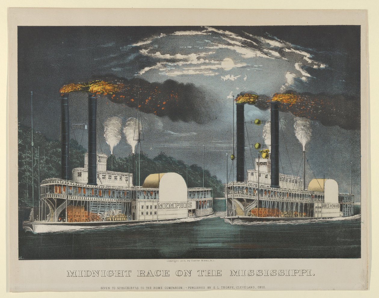 Midnatsløb på Mississippi, 1875., 1875. Skabere: Nathaniel Currier, James Merritt Ives, Currier og Ives. af Currier and Ives