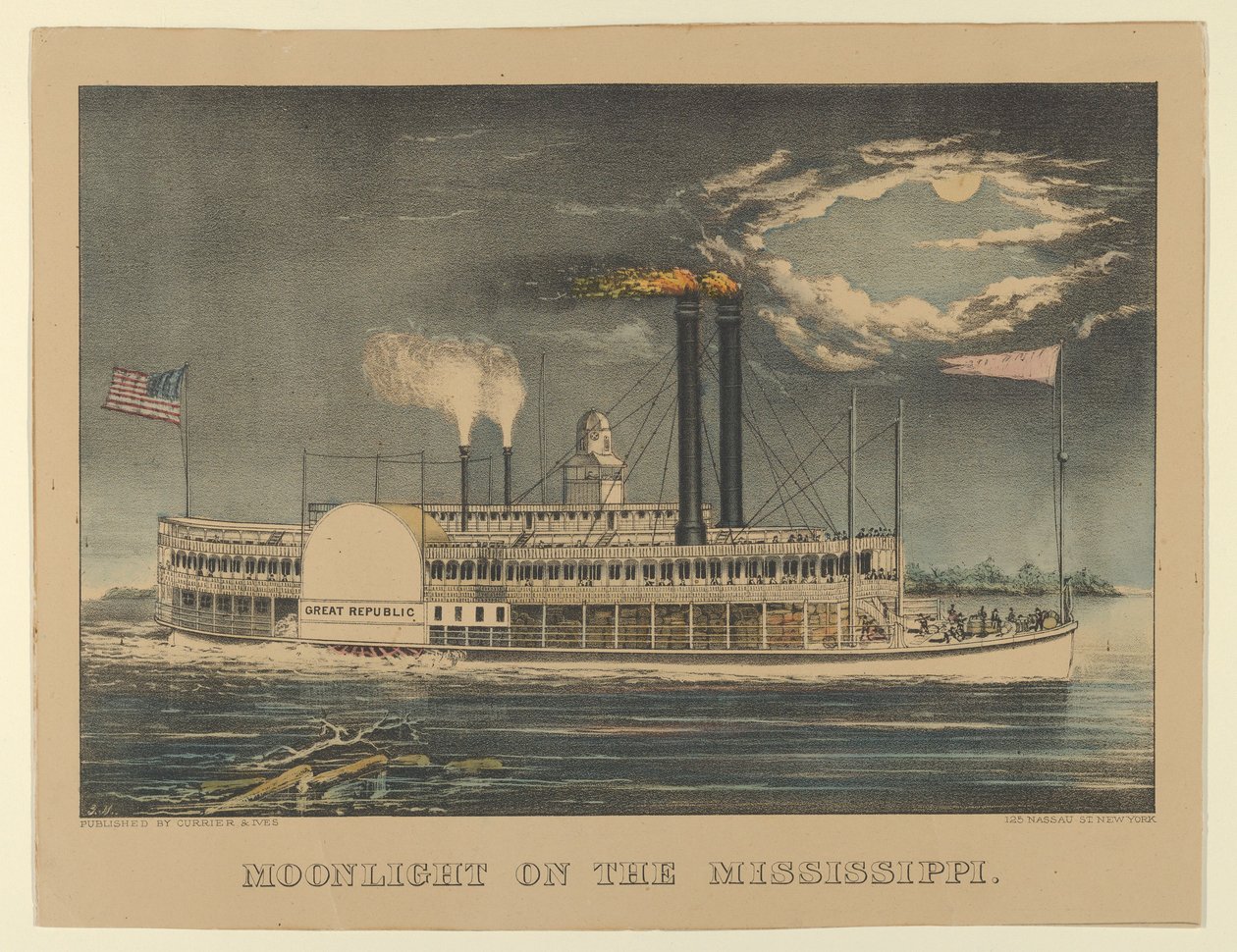 Måneskin på Mississippi, 1872-74., 1872-74. Skabere: Nathaniel Currier, James Merritt Ives, Currier og Ives. af Currier and Ives