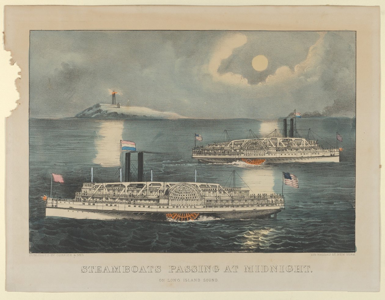 Dampbåde passerer ved midnat - On Long Island Sound, 1872-74., 1872-74. Skabere: Nathaniel Currier, James Merritt Ives, Currier og Ives. af Currier and Ives