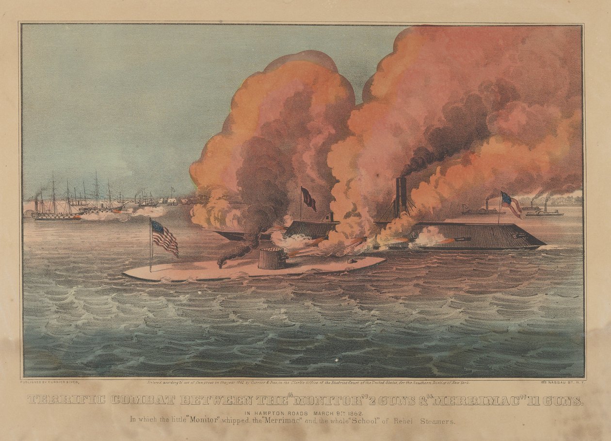 Fantastisk kamp mellem Monitor 2 Guns & Merrimac 11 Guns - In Hampton Roads marts..., 1862. Skabere: Nathaniel Currier, James Merritt Ives, Currier og Ives. af Currier and Ives