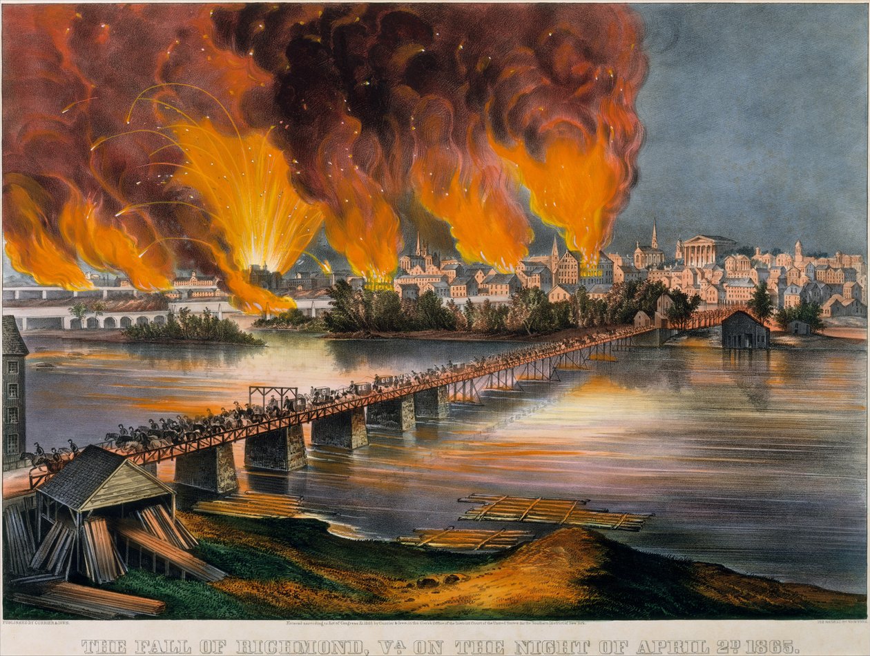 Faldet i Richmond, Virginia, natten til den 2. april 1865, 1865., 1865. Skabere: Nathaniel Currier, James Merritt Ives, Currier og Ives. af Currier and Ives