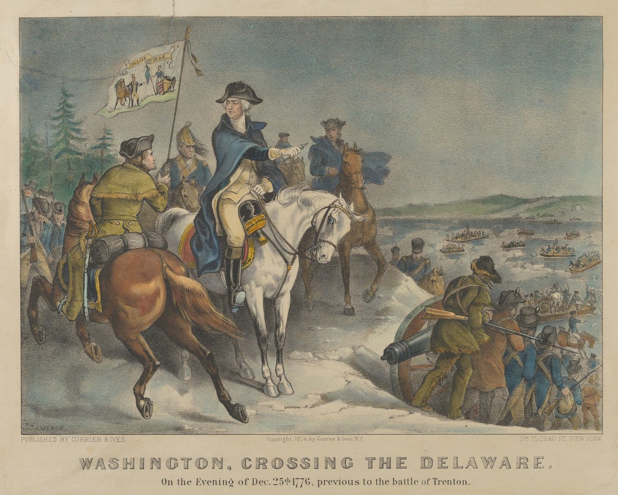 Washington, Crossing the Delaware-om aftenen den 25. december 1776, forud for slaget..., 1876. Skabere: Nathaniel Currier, James Merritt Ives, Currier og Ives. af Currier and Ives