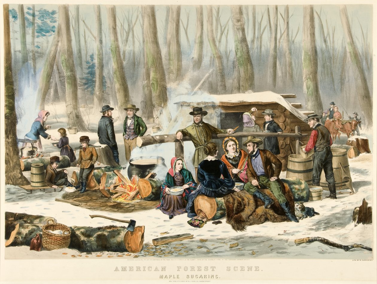 American Forest Scene - Maple Sugaring, pub. 1855 af Nathaniel Currier