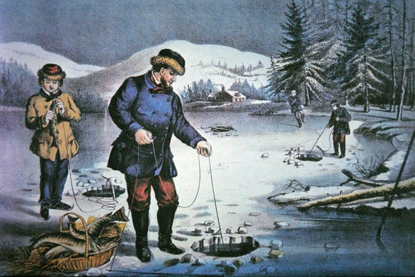 American Pioneer Life: Fishing Through Ice Hole af Nathaniel Currier