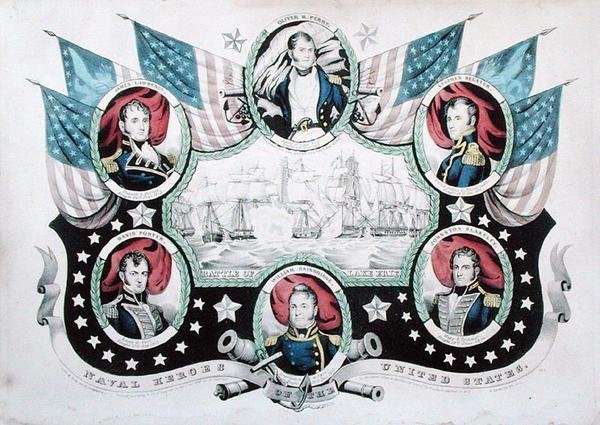 Slaget ved Lake Erie med portrætter af amerikanske flådehelte af Nathaniel Currier