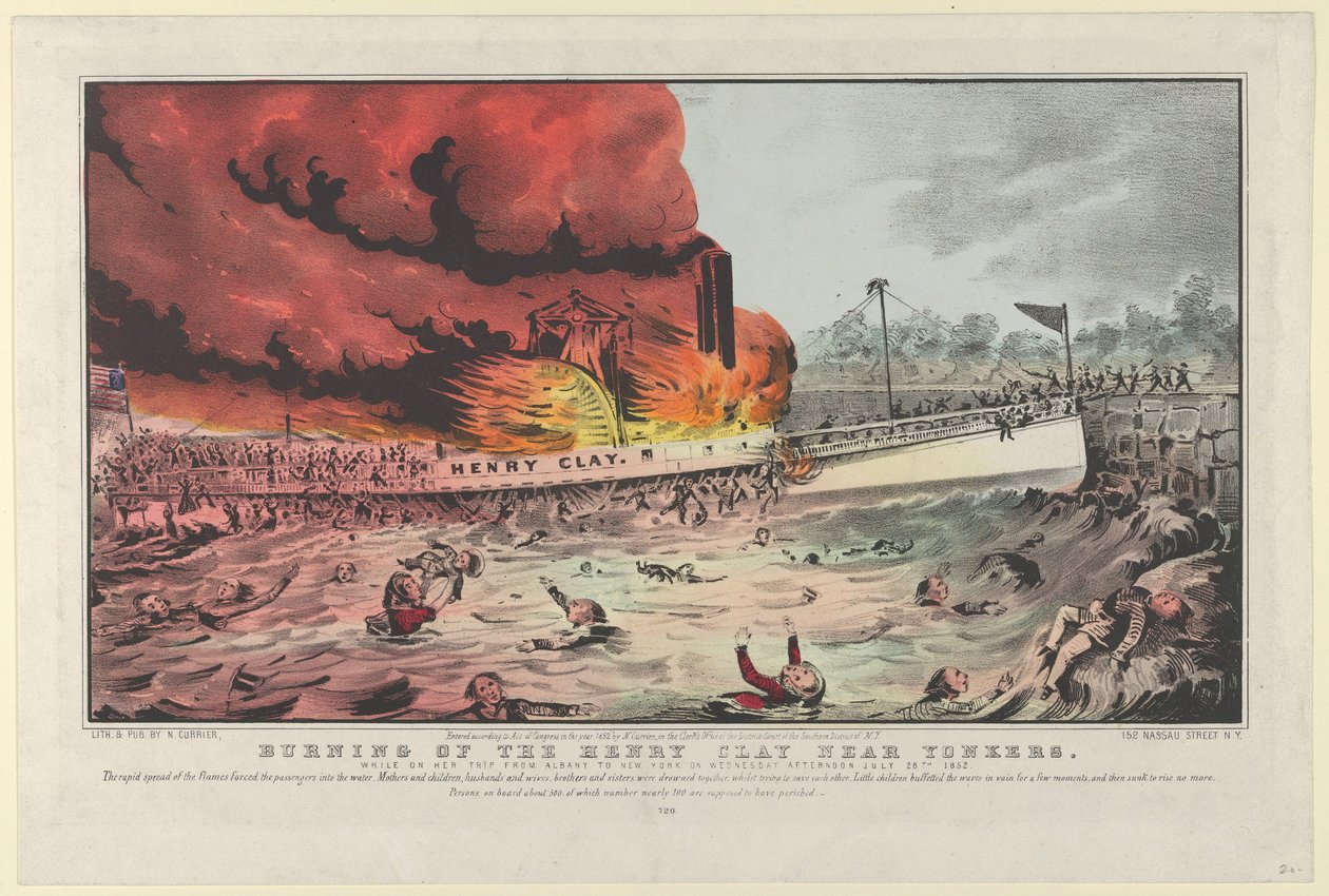 Afbrænding af Henry Clay nær Yonkers, mens hun var på tur fra Albany til New York onsdag..., 1852. af Nathaniel Currier
