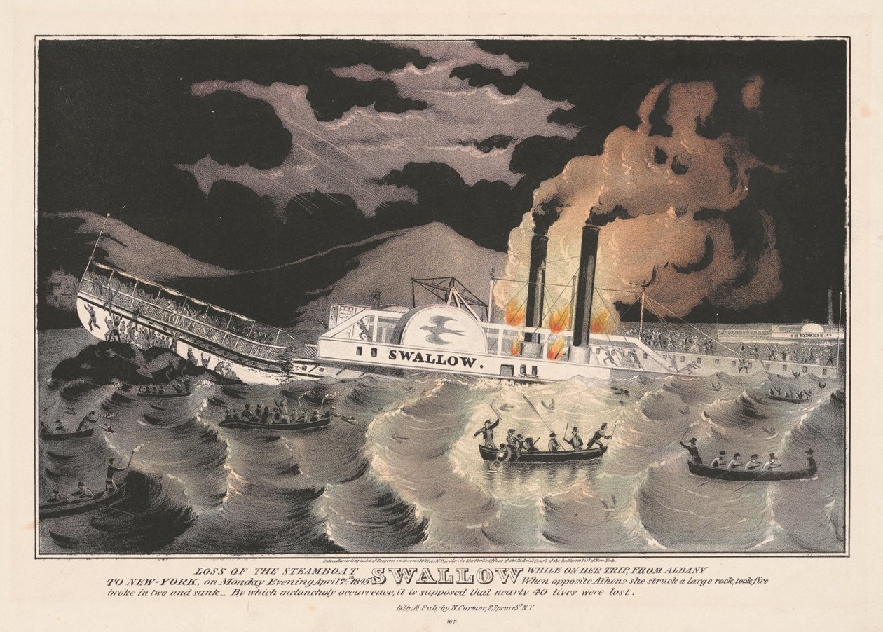 Tab af dampbådssvalen, mens hun var på sin rejse fra Albany til New York, 1845 af Nathaniel Currier