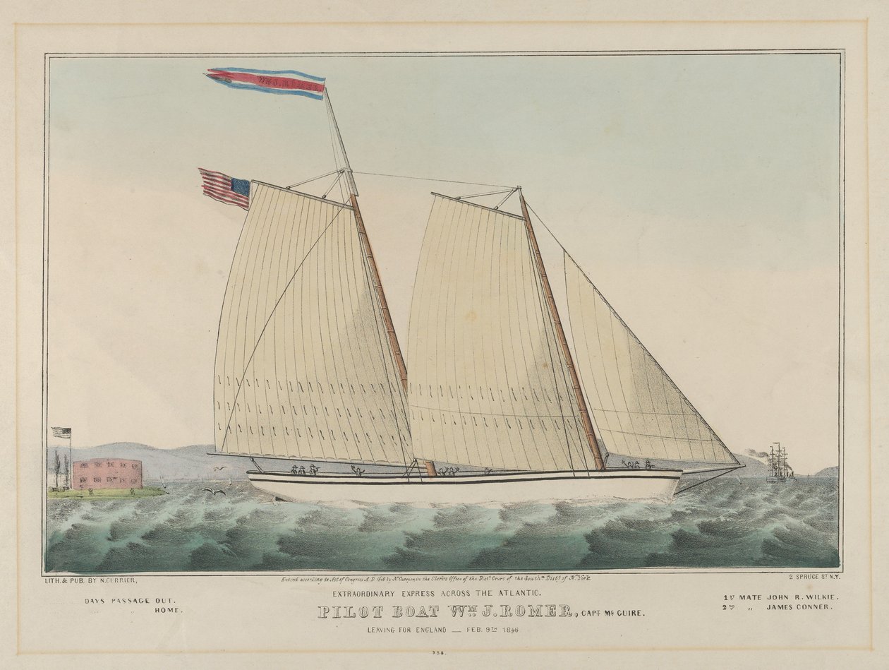 Pilotbåd William J. Romer, kaptajn McGuire, rejser til England den 9. februar 1846 (håndkoloreret litografi) af Nathaniel Currier