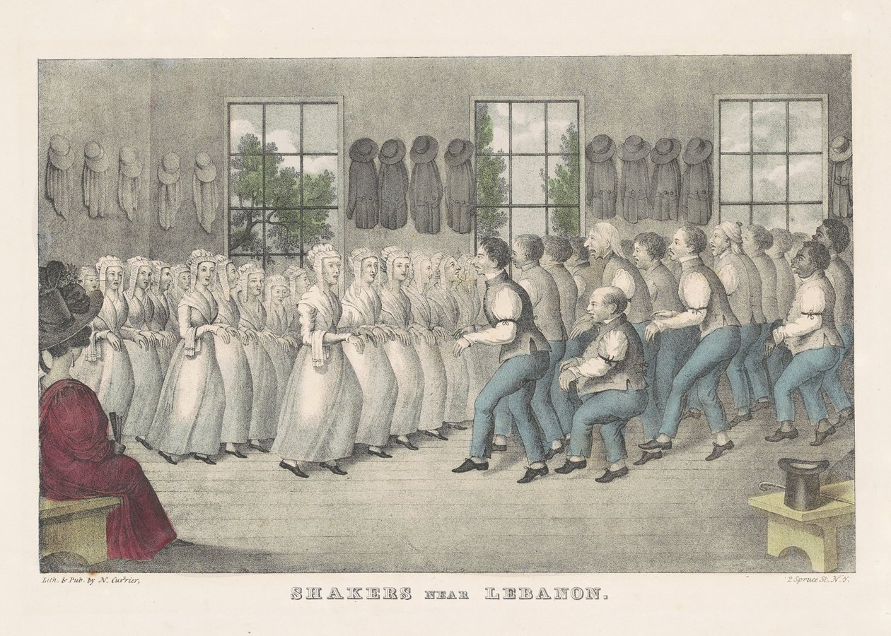 Shakers nær Libanon, ca. 1830 (håndkoloreret litografi) af Nathaniel Currier