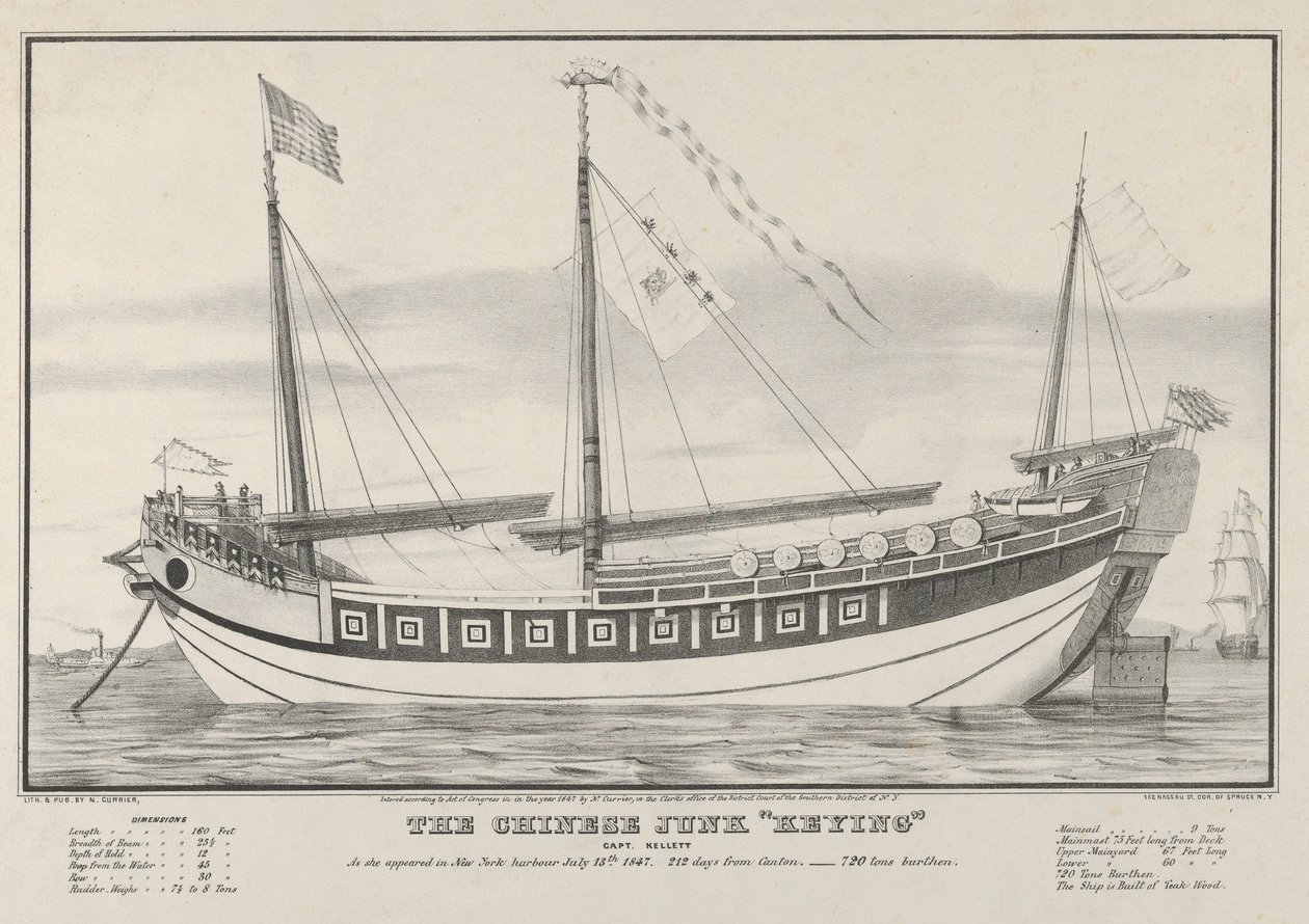 Den kinesiske Junk Keying-Captain Kellett-Da hun dukkede op i New Yorks havn den 13. juli, 1..., 1847. af Nathaniel Currier