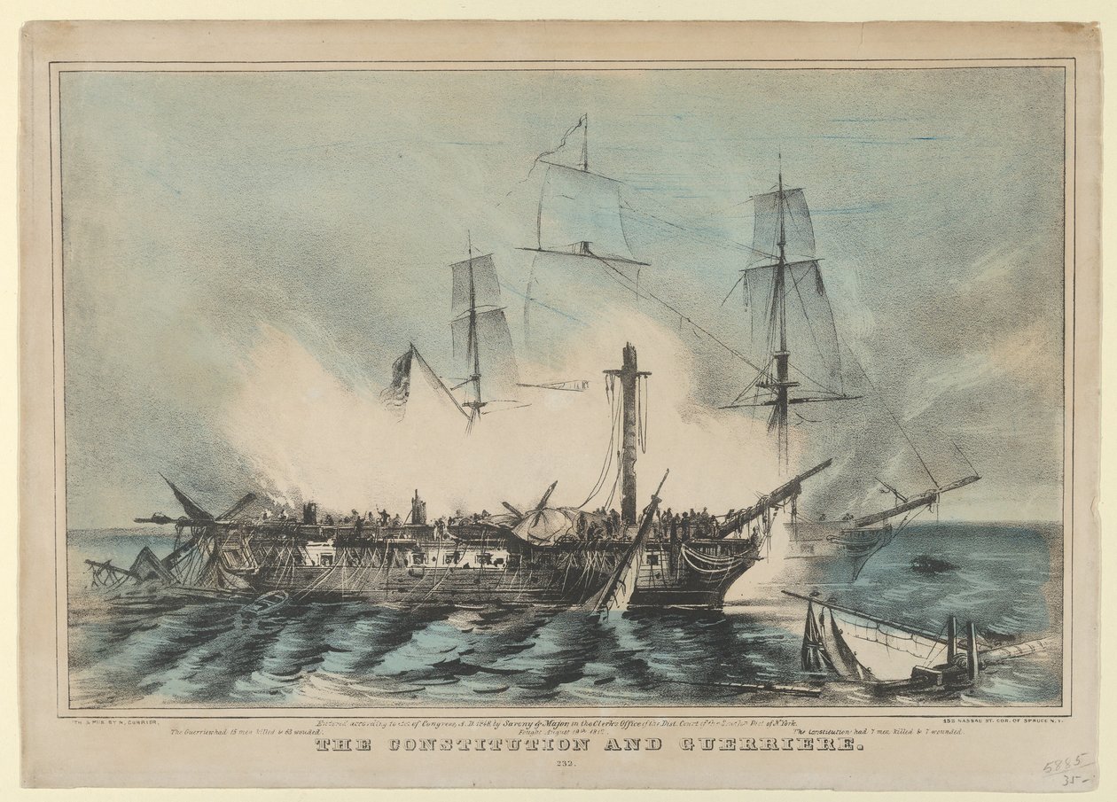 Forfatningen og Guerriere-Kæmpede 19. august 1812-The Guerriere havde 15 mand dræbt..., 1848. af Nathaniel Currier