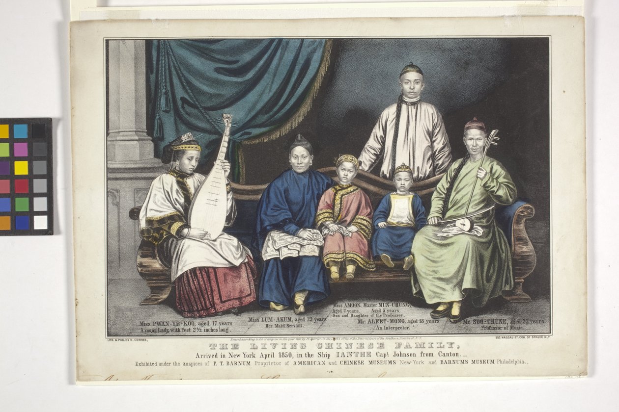 Den levende kinesiske familie (håndfarvet litograf) af Nathaniel Currier