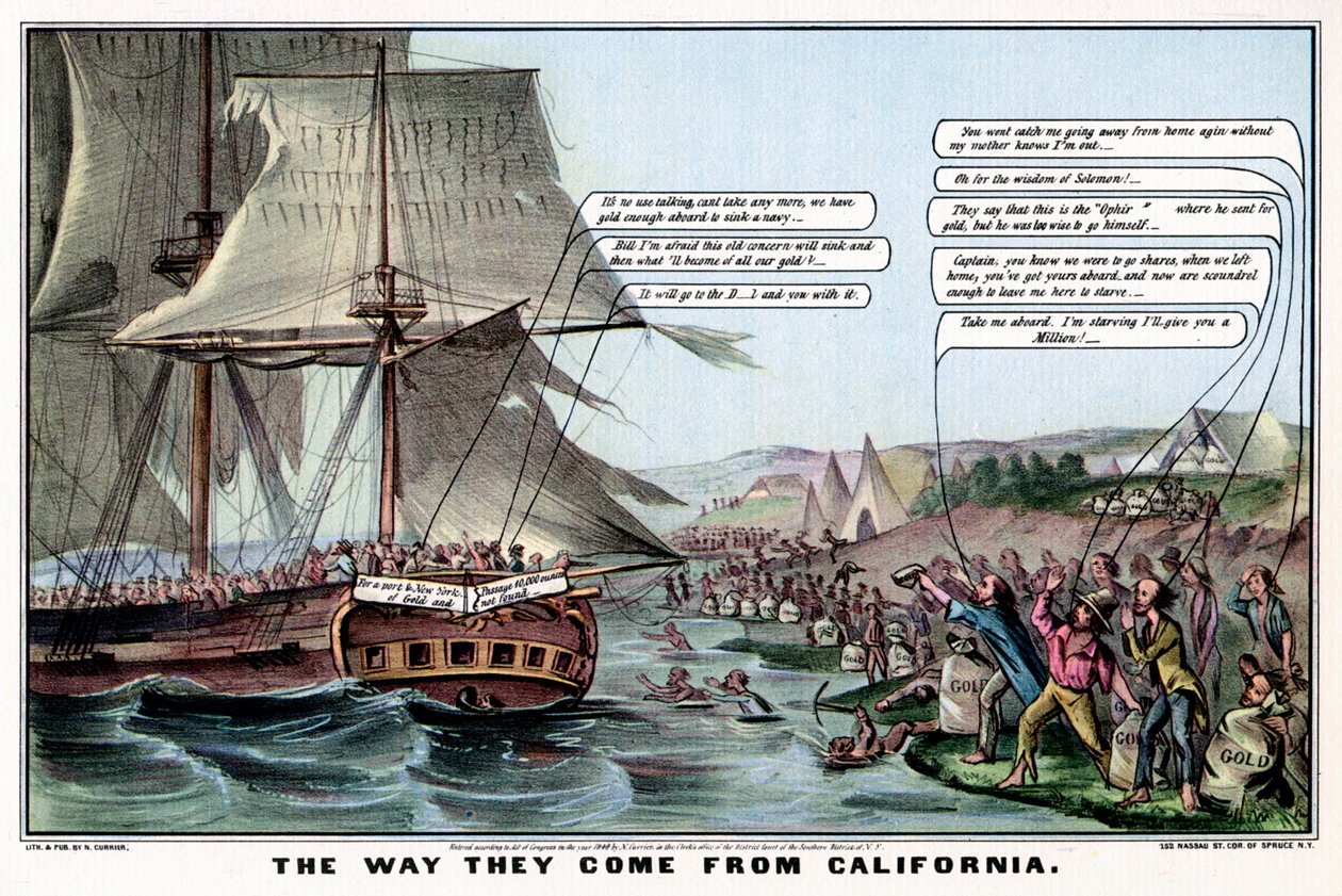 Måden de kommer fra Californien, 1849 1937. af Nathaniel Currier