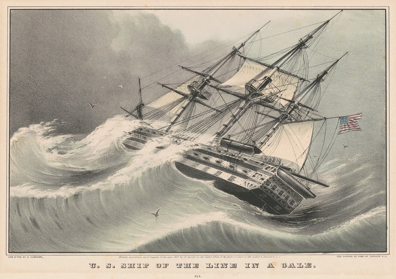 US Ship of the Line i en kuling af Nathaniel Currier