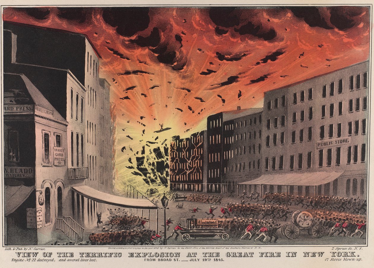 Udsigt over den forrygende eksplosion ved den store brand i New York. Fra Broad St. - 19. juli 1845 af Nathaniel Currier