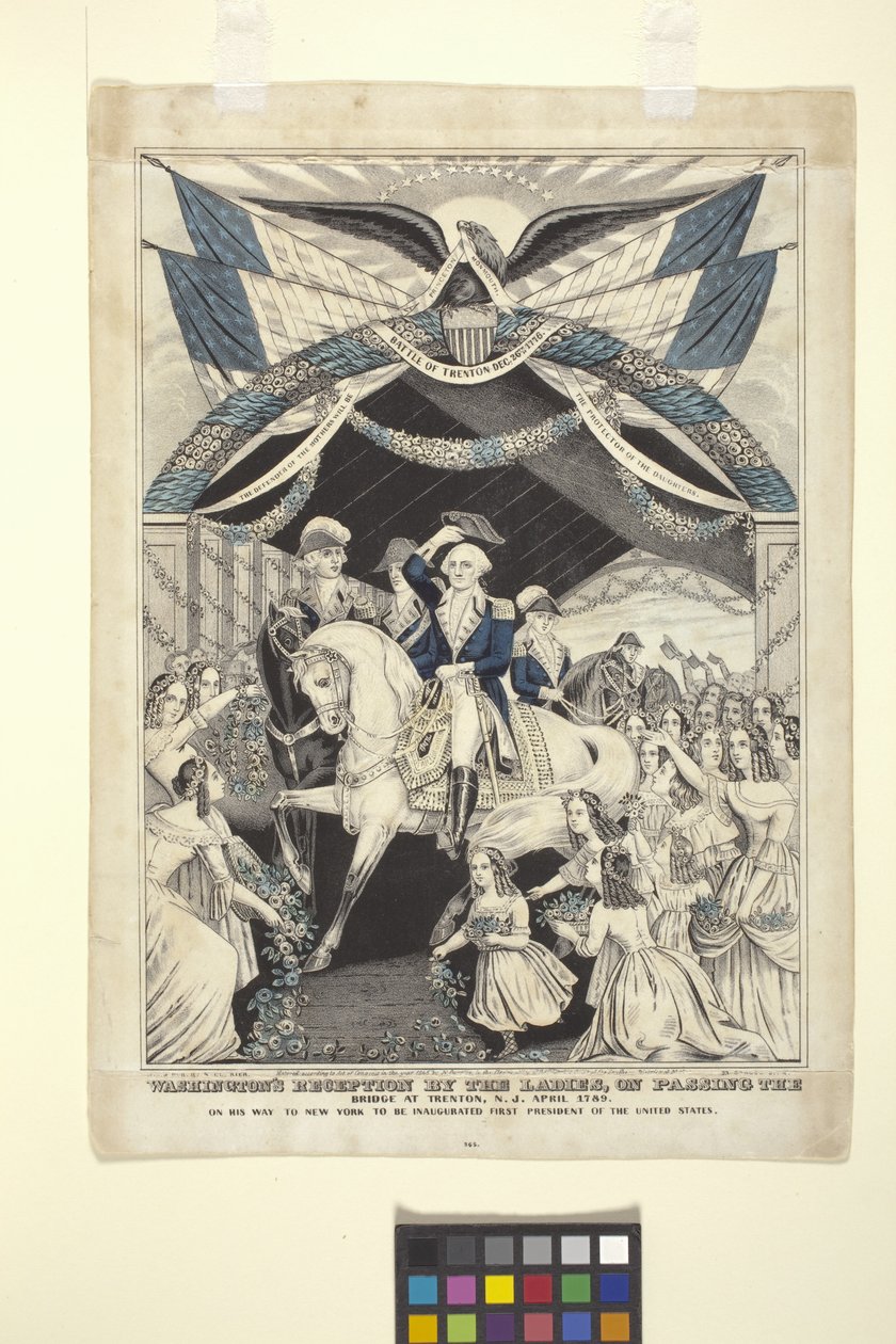 Washingtons reception af damerne ved at passere broen ved Trenton (håndfarvet litografi) af Nathaniel Currier
