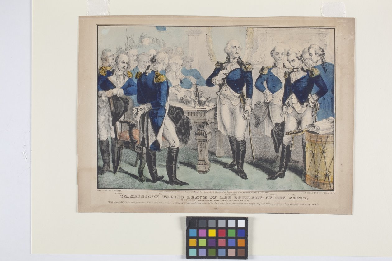 Washington tager afsked med officererne i hans hær (håndfarvet litografi) af Nathaniel Currier