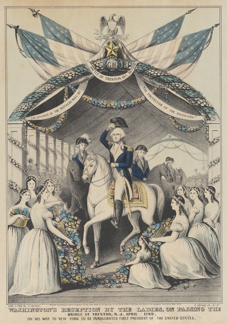 Washingtons modtagelse af damerne ved at passere broen i Trenton, april 1789, på vej til at blive indsat som første præsident for USA af Nathaniel Currier