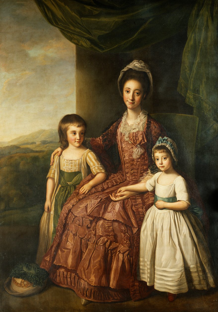 Et gruppeportræt af Mary, grevinde af Darnley og hendes børn, Lord Clifton og Lady Mary Bligh, alle i fuld længde, af Nathaniel Dance Holland