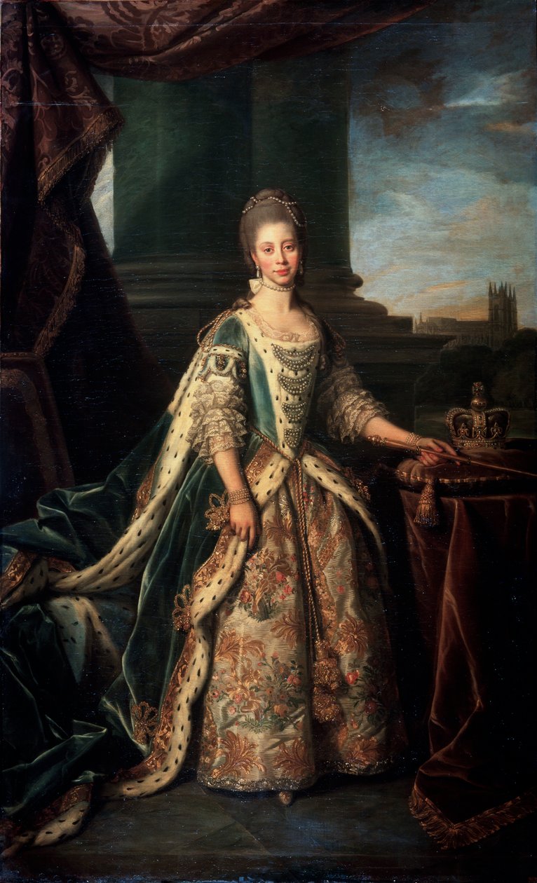 Portræt af Charlotte af Mecklenburg-Strelitz, kone til kong George III af England, 1773 af Nathaniel Dance Holland